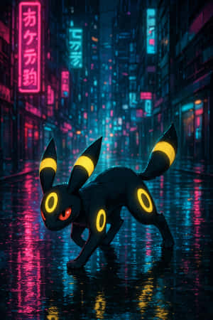 黑色月伊貝帶有發光黃色圓圈，在霓虹燈浸透的雨城市街道上行走。 — iPhone 4 壁紙