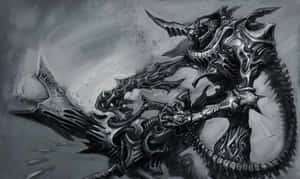 在煙霧環境中，一隻帶有尖刺裝甲和發光眼睛的黑暗機械龍。 — 鬼滅之刃 壁紙