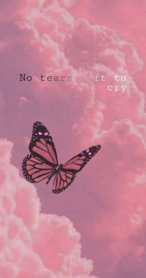 一隻帝王蝶在粉紅色雲朵中飛翔，帶有文字「No tears left to cry」。 — Pixel Fold 壁紙