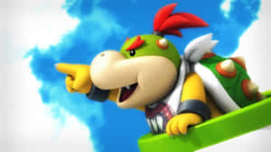 綠色Koopa Troopa角色在殼中指向前方，背景是藍天。 — 2560x1440 壁紙