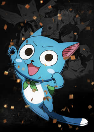 藍色動漫貓在金色紙屑飄落中慶祝。 — Hello kitty 美學 GIF 壁紙