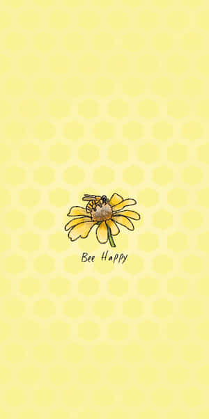 黃色花上的蜜蜂，蜂巢背景和 Bee Happy 字樣。 — 唯美花朵動圖 壁紙
