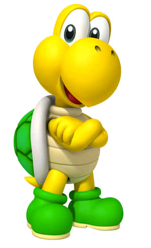 黃色Koopa Troopa角色，帶有綠色龜殼和靴子，交叉雙臂站立。 — Galaxy Tab A 壁紙