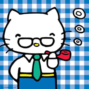 戴眼鏡打領帶的卡通貓在格仔背景上抽煙斗。 — 白色美學gif 壁紙
