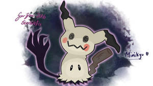 一個幽靈般的動漫角色Mimikyu，嘴巴縫合，臉頰通紅，漂浮在黑暗的煙霧中。