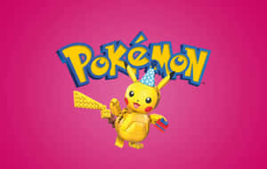 戴著派對帽的 LEGO 比卡超在粉紅色背景上與 Pokémon 標誌一起慶祝 — 可愛寵物小精靈 壁紙