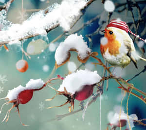 戴紅帽的知更鳥站在雪枝上，帶有紅色漿果 — 雪花 壁紙