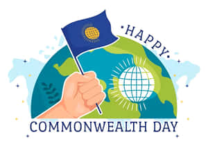 手舉英聯邦旗幟於地球儀上，附有Happy Commonwealth Day文字。