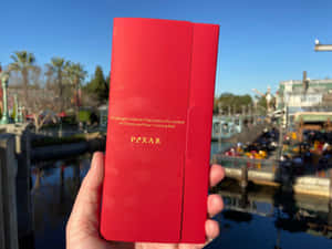 在迪士尼樂園中，手拿著紅色Pixar小冊子，背景有棕櫚樹和水。 — 中國新年 壁紙