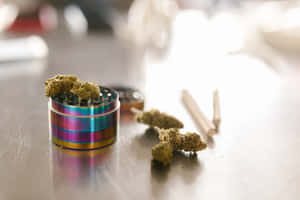 金屬桌上的彩虹研磨器與大麻花蕾和大麻煙。 — 食草 壁紙
