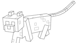 Minecraft貓咪的黑白線條藝術，具有方塊特徵和長尾巴。 — 我的世界 壁紙