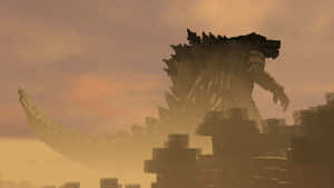 巨大的方塊狀哥斯拉在日落時俯瞰著 Minecraft 城市。 — 哥斯拉 王者巨獸 壁紙