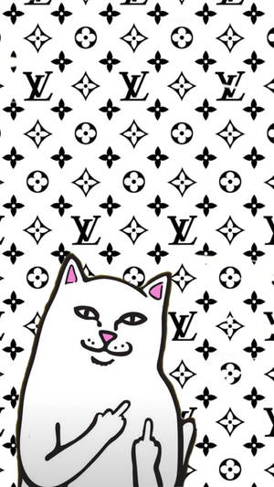 卡通貓在LV圖案背景上做手指手勢 — 路易威登 壁紙