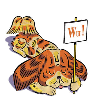 一隻抱著寫著「Wu!」牌子的睡著的卡通狗 — 插畫 壁紙