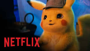 比卡超戴著偵探帽，在昏暗的房間裡好奇地看著Netflix標誌。 — 皮卡丘 壁紙