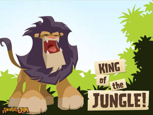 卡通獅子在叢林中咆哮，帶有「King of the Jungle!」標誌 — 卡通 壁紙