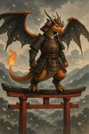 一隻穿著武士盔甲的龍站在鳥居上，周圍有櫻花飄落。 — iPhone 4 壁紙