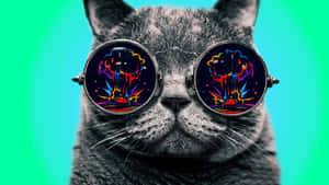 灰色貓咪戴著眼鏡，在青綠色背景上有爆炸反射。 — 超自然 GIF 壁紙