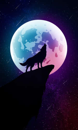 狼在星空下對著彩色月亮嚎叫
