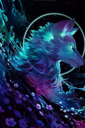 發光毛髮的霓虹狼，被宇宙花朵和太空中閃耀的光環包圍。