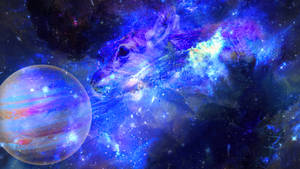 一隻由宇宙雲形成的狼，在深空中一個色彩繽紛的行星旁邊。 — 銀河 壁紙
