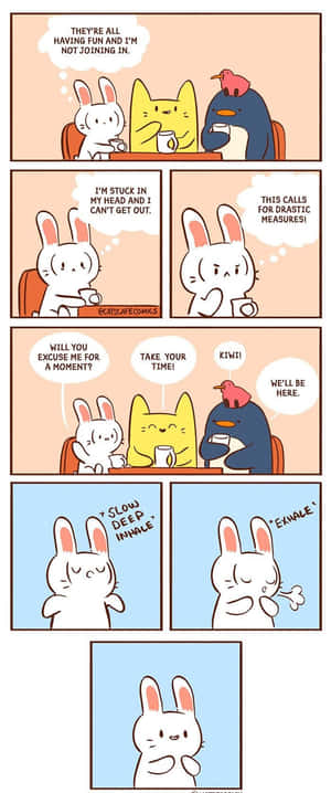 一隻頭被卡住的兔子深吸一口氣以逃脫，朋友們在等待。 — Meme 表情 壁紙