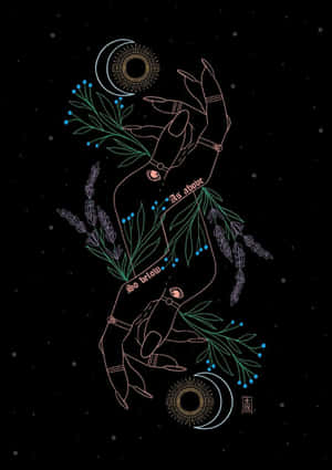 插圖手在深色背景下握著草藥，帶有月亮和星星符號。 — 女巫 GIF 壁紙