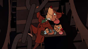 一隻穿著紅色外套的卡通老鼠在黑暗的木質環境中緊緊抱住另一隻老鼠。 — 米奇 壁紙
