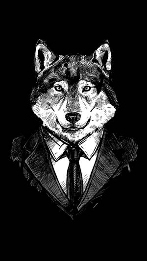 穿著西裝和領帶的狼的黑白插圖。 — 紋身 壁紙