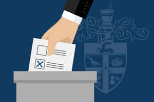 一個人的手將一張已標記的選票放入一個背後有盾徽的投票箱中。 — MacBook Pro M2 壁紙