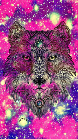 一個詳細的狼臉，帶有宇宙背景和發光的眼睛。