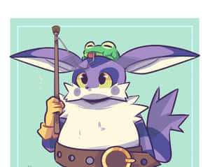 紫色狐狸頭頂青蛙手持魚竿 — 5:4 壁紙