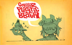 綠色卡通大猩猩拿著一個塑膠島嶼，對話框上寫著 Gorillaz Plastic Beach。 — 大猩猩 壁紙