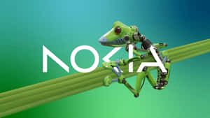 綠色機械青蛙在葉子上拿著Nokia標誌，背景為綠色漸變。 — Nokia 壁紙