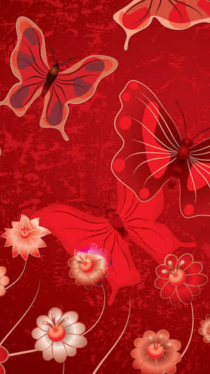 紋理紅色背景上的紅色蝴蝶和花朵。 — 粉紅色蝴蝶 壁紙