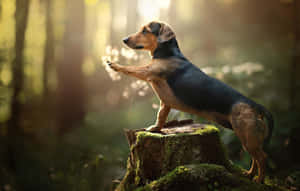 陽光森林中長滿苔蘚的樹樁上的臘腸犬 — 金毛尋回犬 BB GIF 壁紙