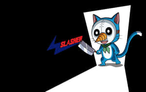 藍色卡通貓，有胡蘿蔔鼻子，在聚光燈下拿著一把標有「SLASHER」的刀。 — 妖精尾巴 壁紙