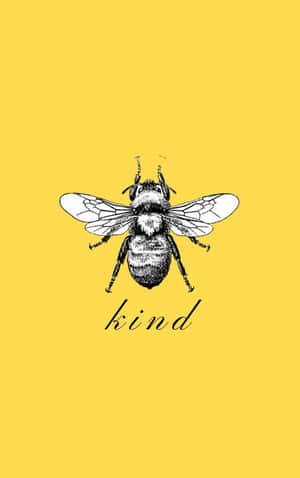 一隻黑白插圖蜜蜂，下方寫有kind一詞，背景為黃色。 — 唯美花朵動圖 壁紙