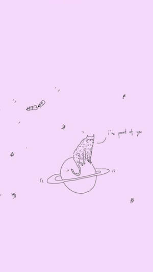 一隻貓坐在帶有光環的行星上，附近漂浮著文字「我為你感到驕傲」。 — 可愛 壁紙