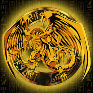 金色有翼的龍，藍色眼睛，被埃及符號包圍。 — 龍 壁紙