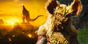 金色毛髮的怪獸在夕陽下於燃燒的城市上空與哥斯拉對峙。 — 哥斯拉 王者巨獸 壁紙
