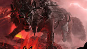 一隻巨大的惡魔狼站在熾熱的火山戰場上，俯視著渺小的戰士們。 — 狼 壁紙