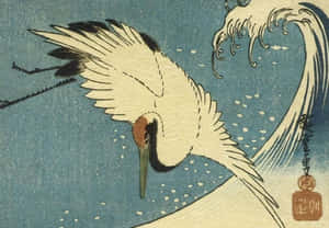 一隻白鶴在日式木版畫中飛越風格化的藍色波浪。 — 風景動圖 壁紙
