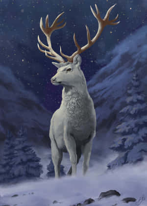 白鹿長著大鹿角，站在星空下的雪地森林中。
