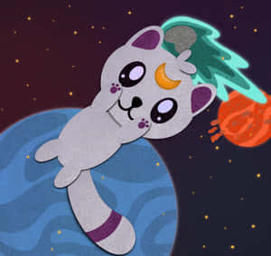 一隻額頭上有月亮圖案的剪紙貓咪在太空中漂浮在行星附近。 — 太空美學 GIF 壁紙
