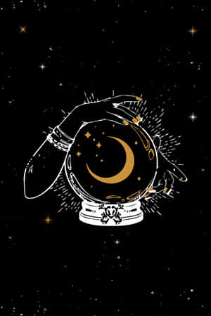 手托著帶有新月和星星的水晶球，在黑暗的天空中 — 女巫 GIF 壁紙