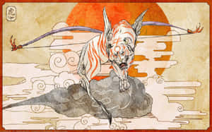 神話中的老虎帶有橙色條紋，棲息在雲端，背景是夕陽。 — 日本武士 壁紙