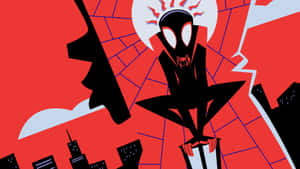 白色眼睛的黑色蜘蛛英雄站在紅色城市天際線的摩天大樓上。 — Miles Morales 動漫 壁紙