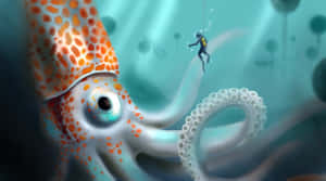 一個小潛水員在深海中探索一隻巨大的彩色魷魚。