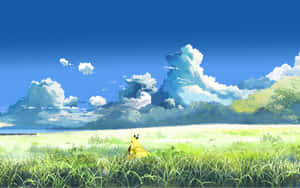 喺明亮藍天白雲下，高草叢中嘅黃色比卡超。 — 夏日氣息 壁紙